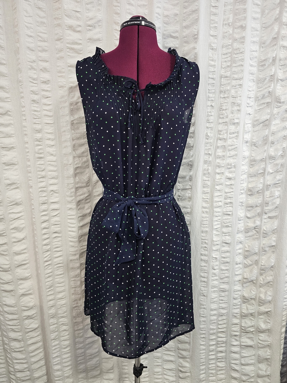 Gap Navy Blue Sheer Sleeveless Lined Green & White Polka Dot Belted Dress Large